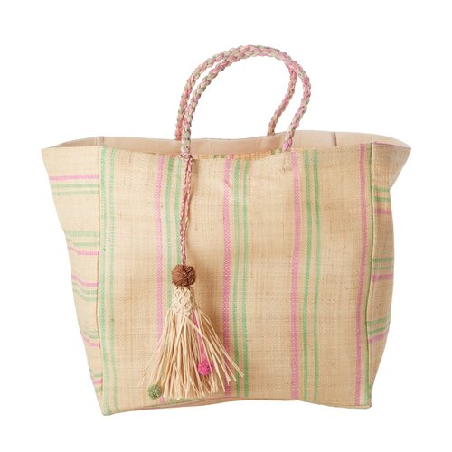 Rice Tas Shopper Raffia - Pink and Green