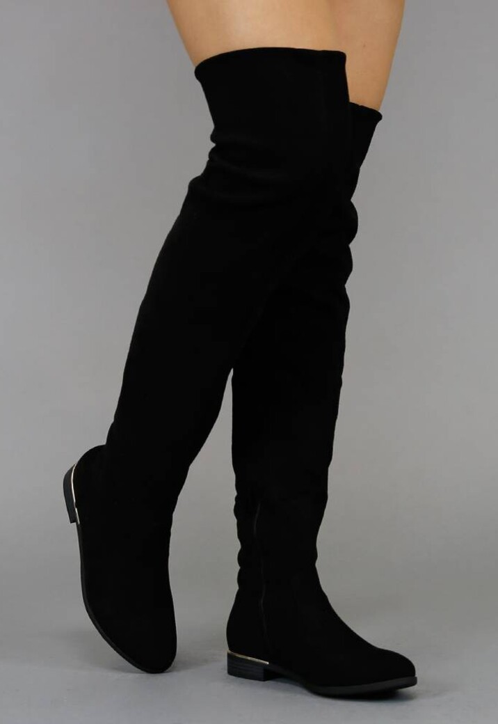 Basic Zwarte Suède-Look Overknee Laarzen met Kleine Hak