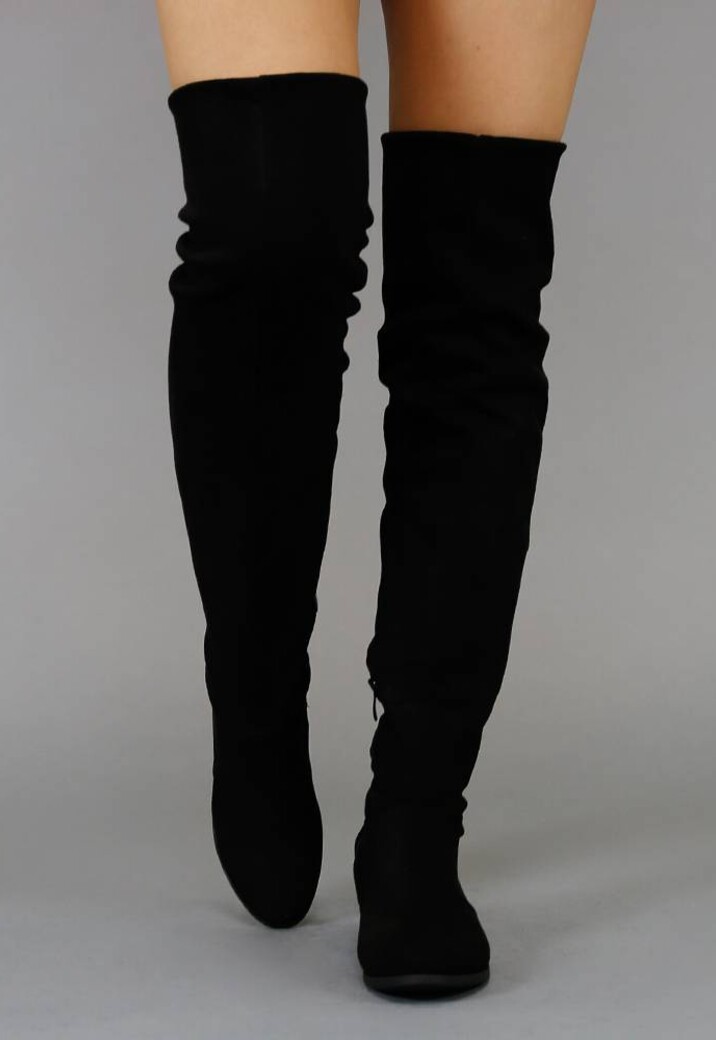 Basic Zwarte Suède-Look Overknee Laarzen met Kleine Hak