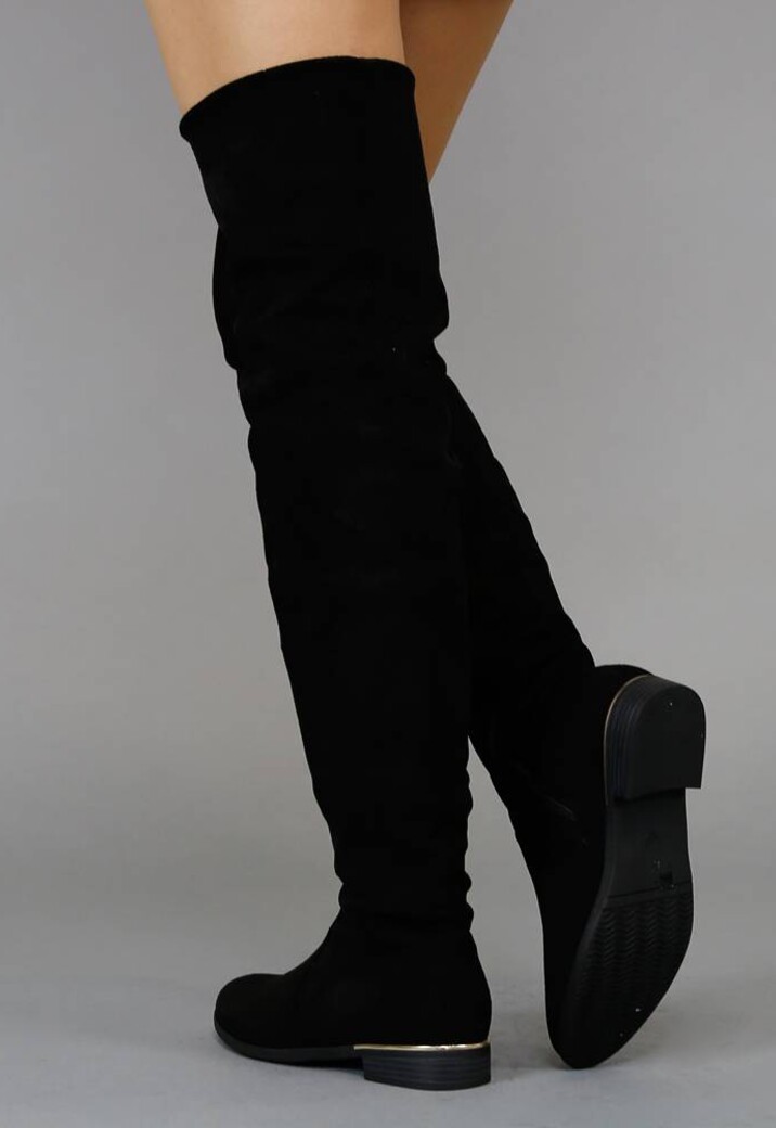Basic Zwarte Suède-Look Overknee Laarzen met Kleine Hak