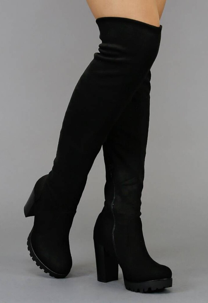 Zwarte Suède-Look Overknee Laarzen met Blokhak