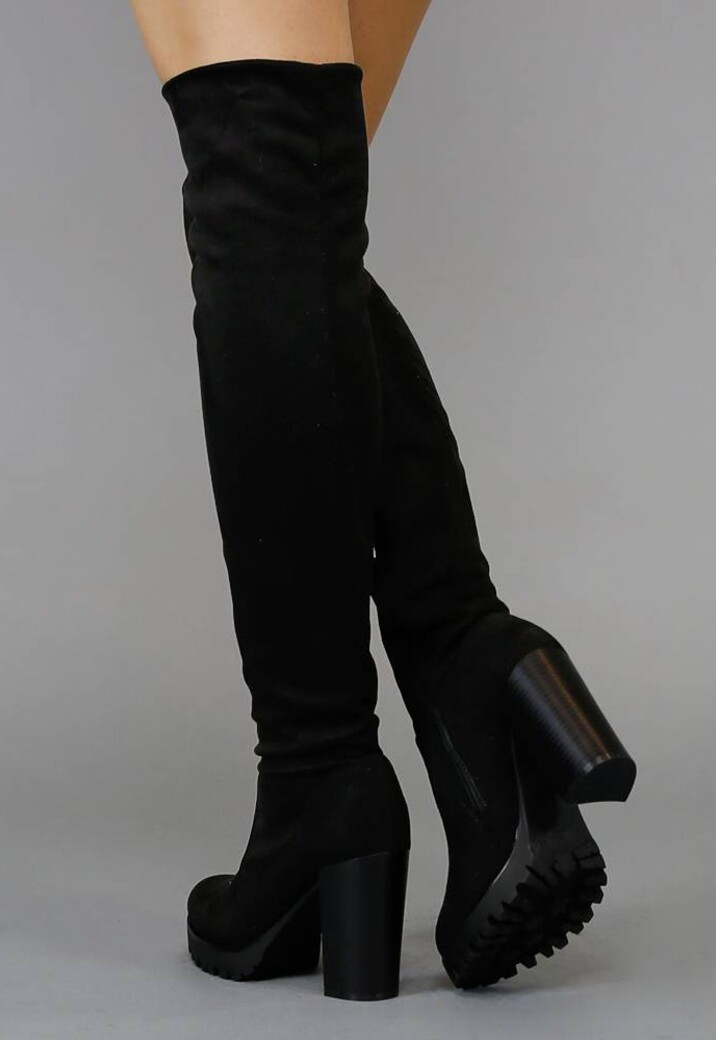 Zwarte Suède-Look Overknee Laarzen met Blokhak