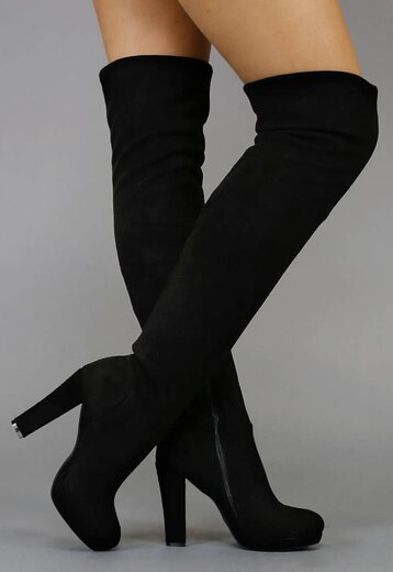 Suède-Look Overknee Laarzen met Hak Zwart