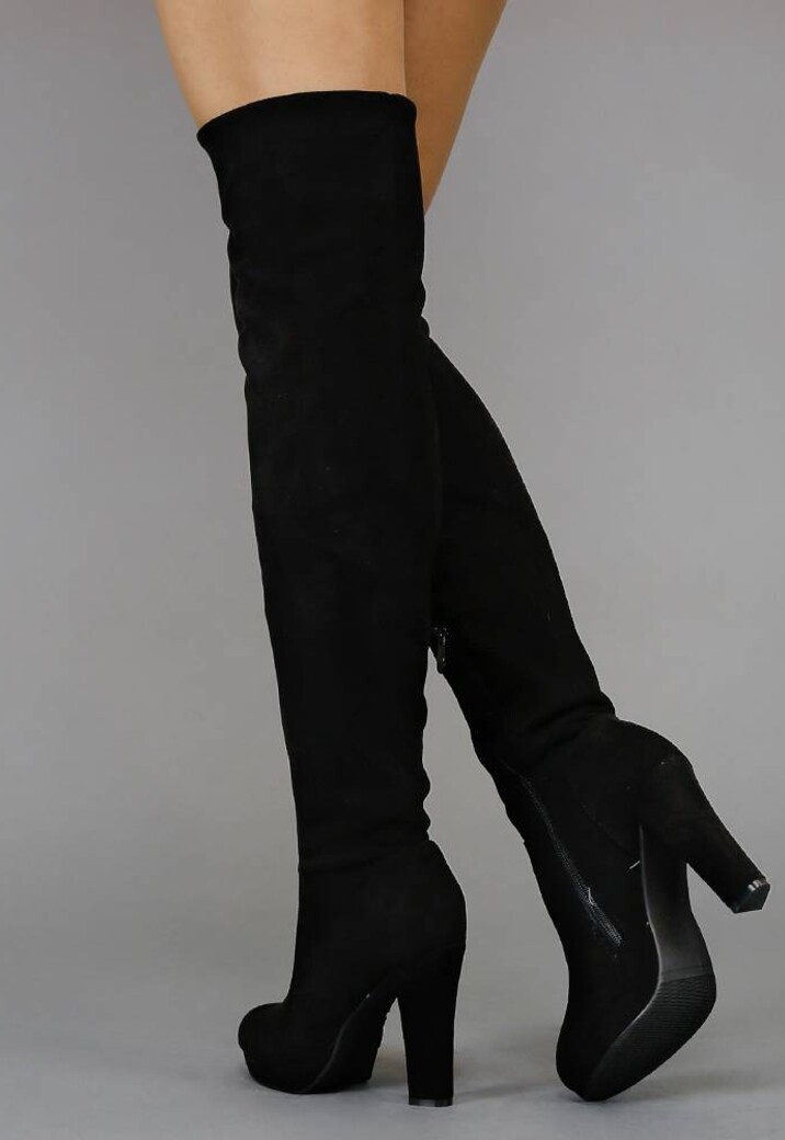 Suède-Look Overknee Laarzen met Hak Zwart