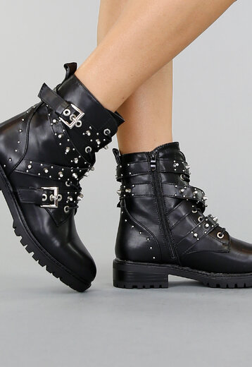 OP=OP! Zwarte Lederlook Biker Boots met Gespen en Studs