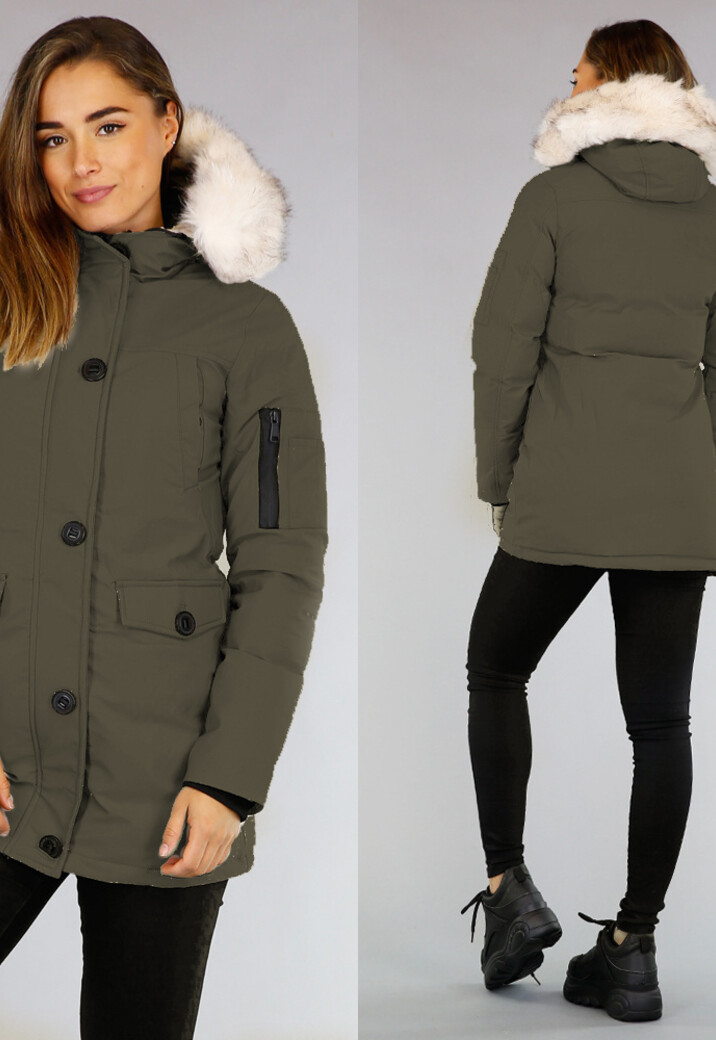 Khaki Gewatteerde Parka met Beige Imitatiebont