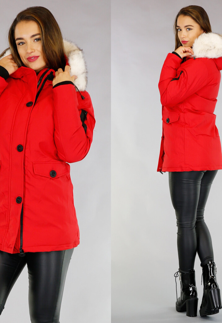 Rode Gewatteerde Parka met Beige Imitatiebont
