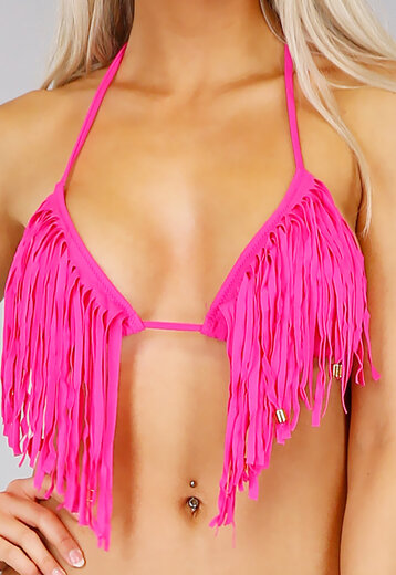 Roze Triangel Halter Bikini met Franje