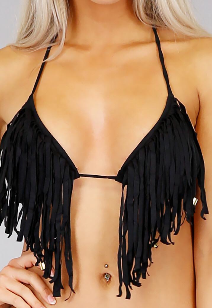 Zwarte Triangel Halter Bikini met Franje - Top