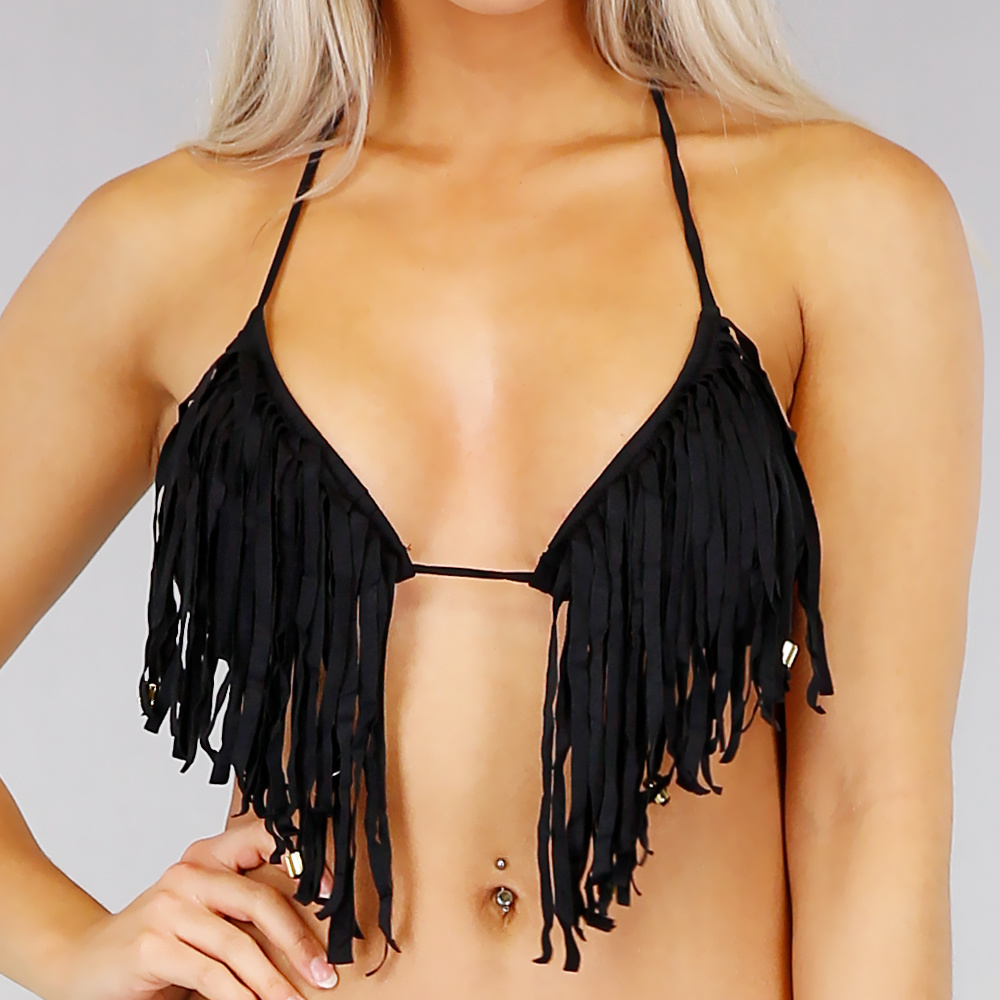 Zwarte Triangel Halter Bikini met Franje