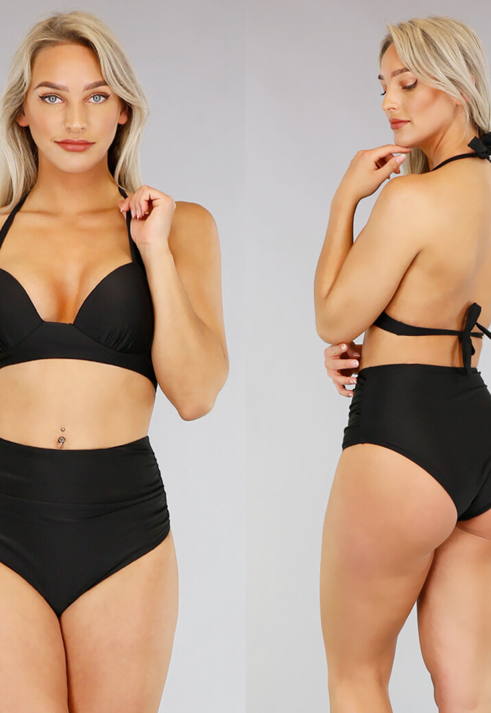 Zwarte Geplooide High Waist Bikini Top