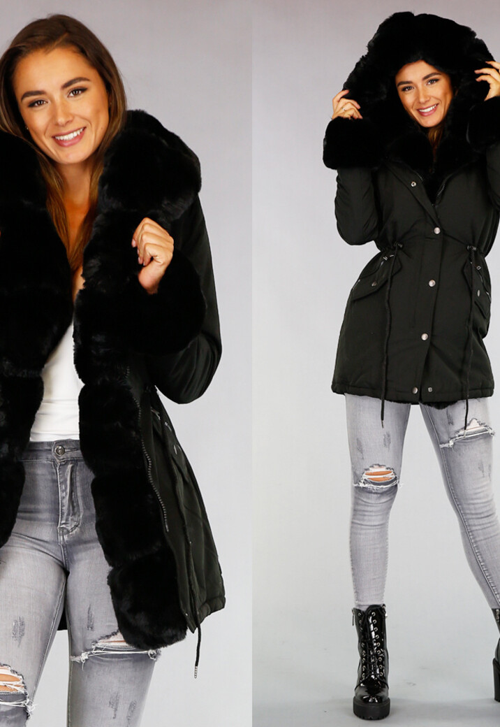 Zwarte Bont Winterjas met Capuchon