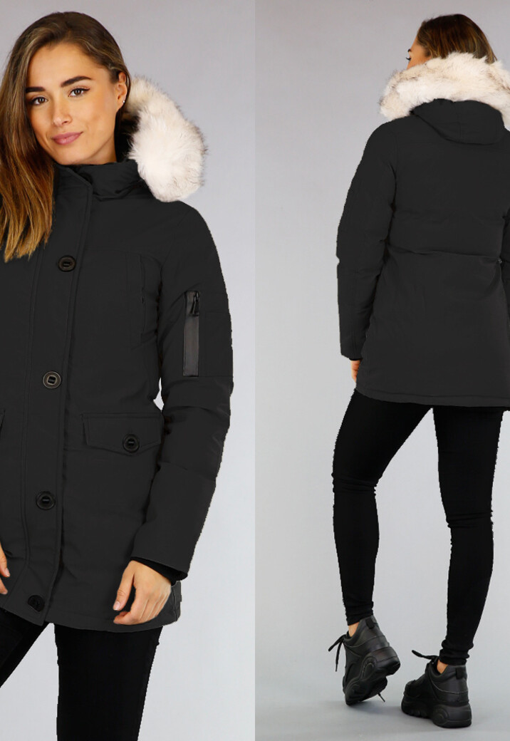 Zwarte Gewatteerde Parka met Beige Imitatiebont