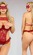 OP=OP! Sexy Halter Open Cup Teddy met Ruches Wijnrood