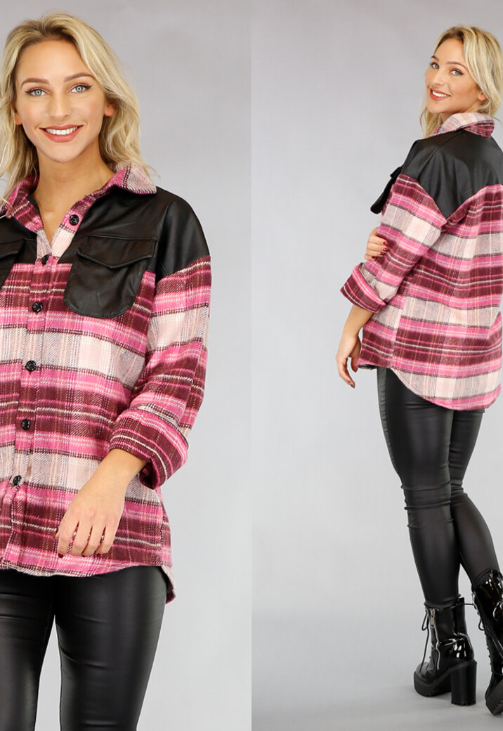 Roze Flanellen Blok Blouse met Lederlook