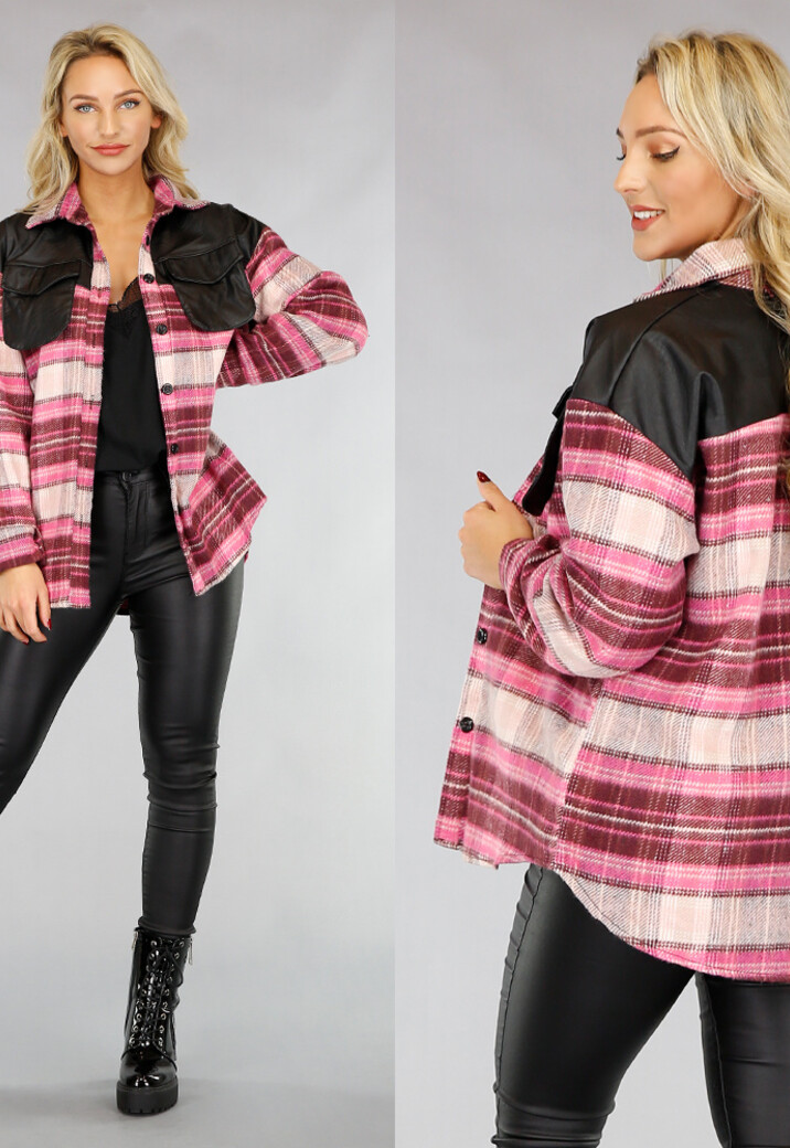 Roze Flanellen Blok Blouse met Lederlook