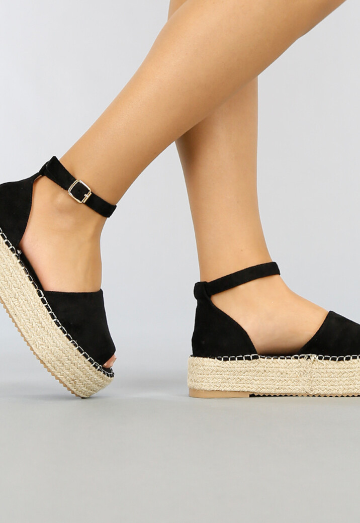 Zwarte Espadrilles met Plateauzool en Peeptoe