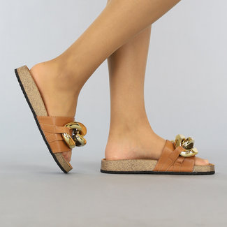 SALE Camel Lederlook Chain Slippers