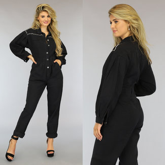 SALE35 Zwarte Loose-Fit Jeans Jumpsuit met Knopen en Studs
