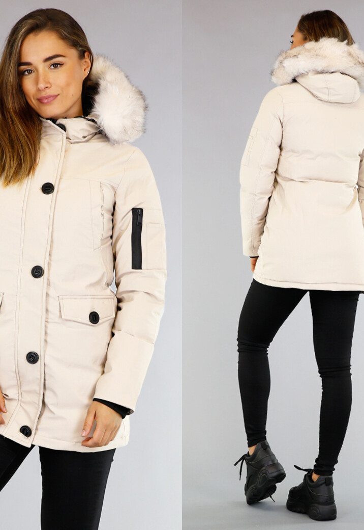 Beige Gewatteerde Parka met Beige Imitatiebont