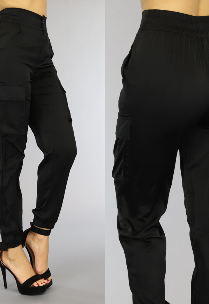 Zwarte High Waist Satin Cargo Broek