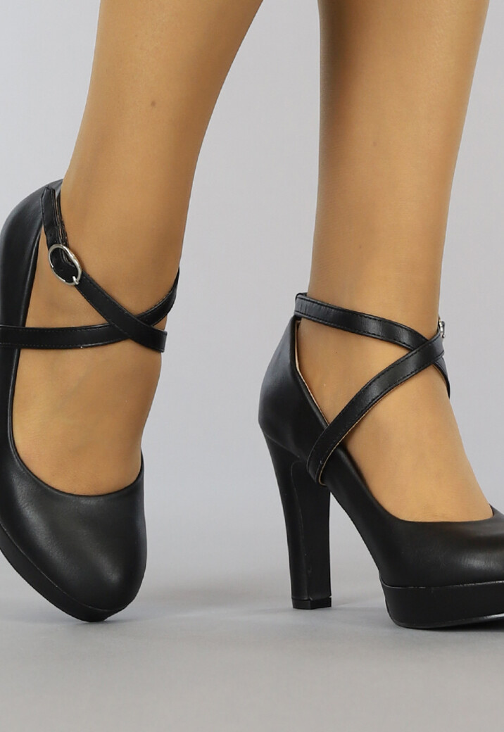 Zwarte Lederlook Pumps met Enkelbandje