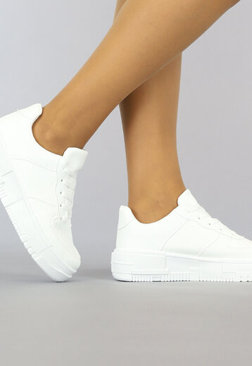 BF2023 Basic Witte lederlook Sneakers met Plateauzool