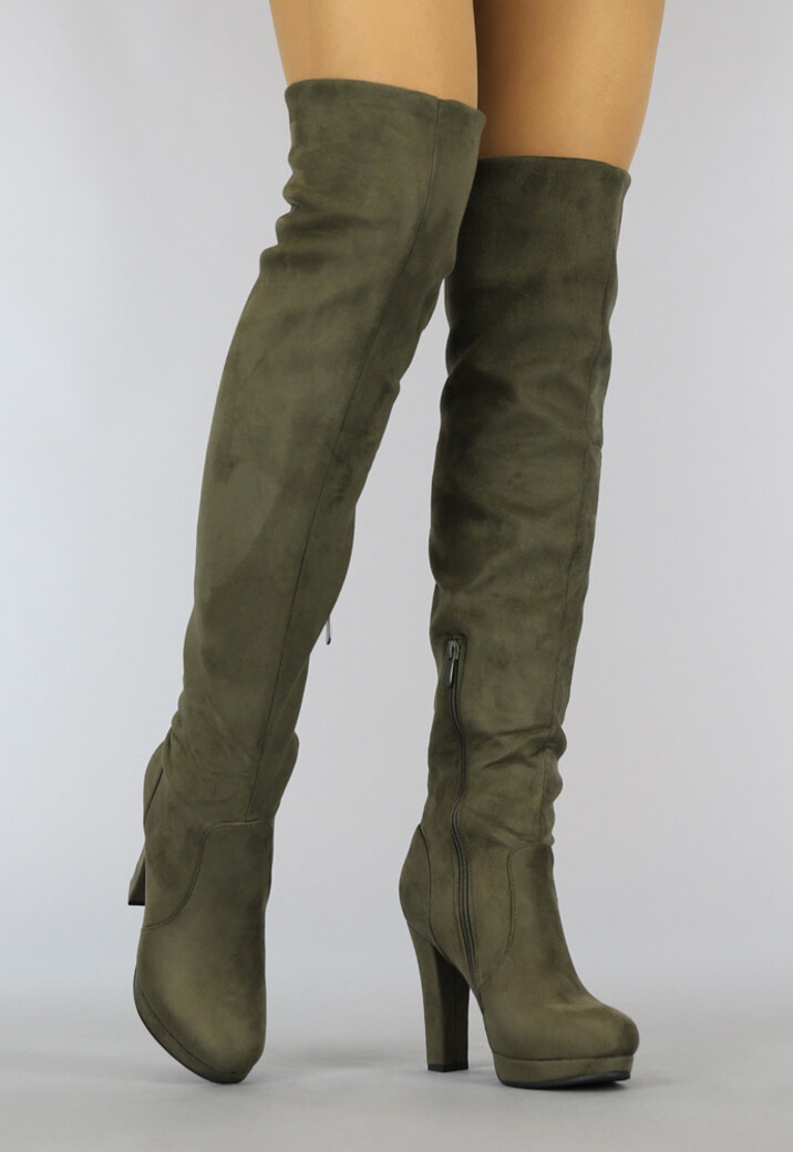 Suède-Look Overknee Laarzen met Hak Kaki