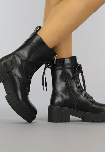 OP=OP! Zwarte Lederlook Boots met Veter en Ritsen