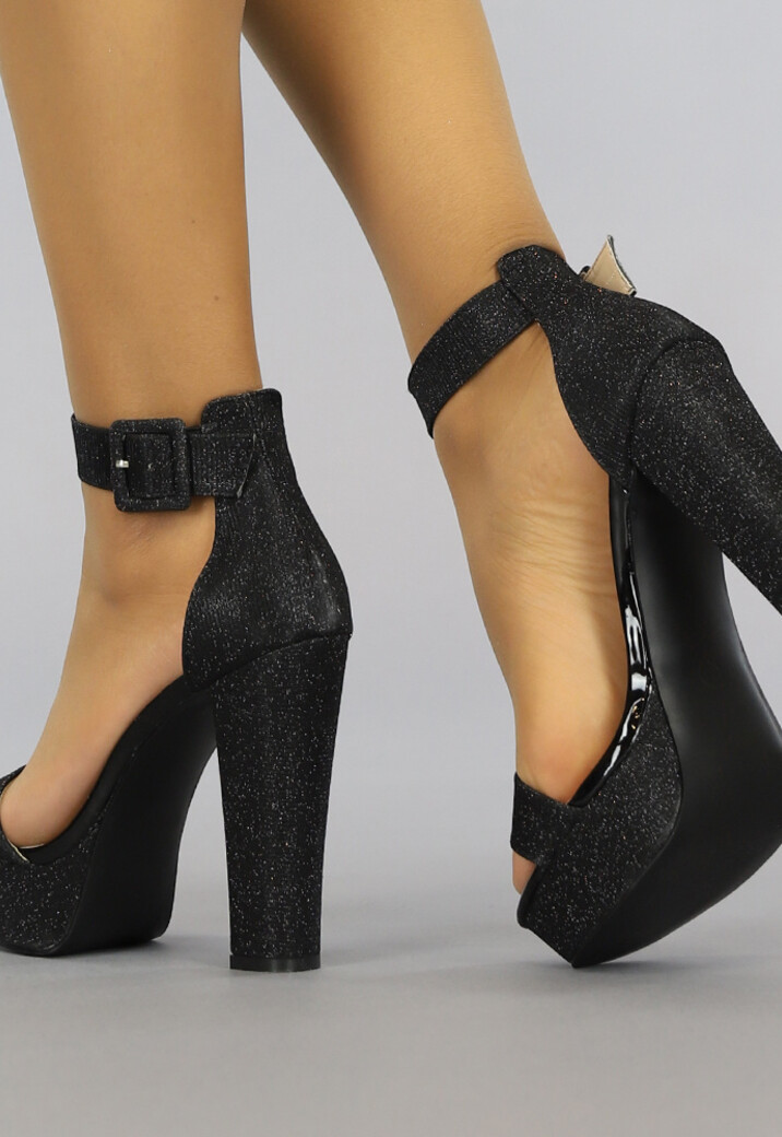 Zwarte Glitter Plateau Sandaletten met Open Teen