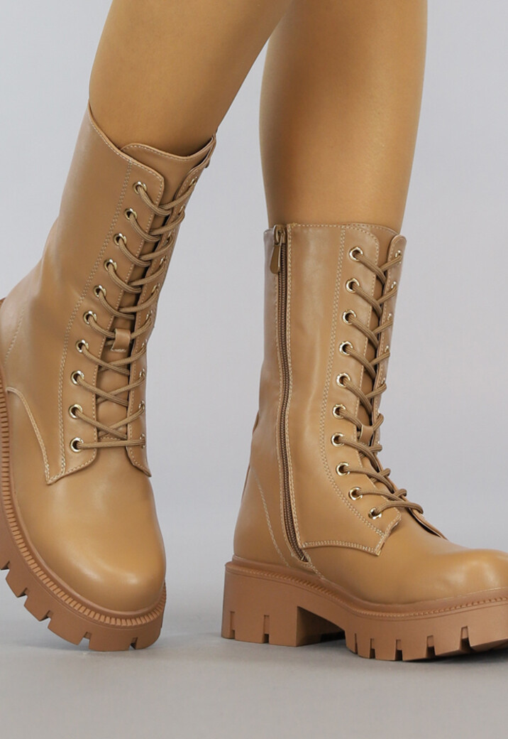 Bruine Lederlook Veterboots met Rits