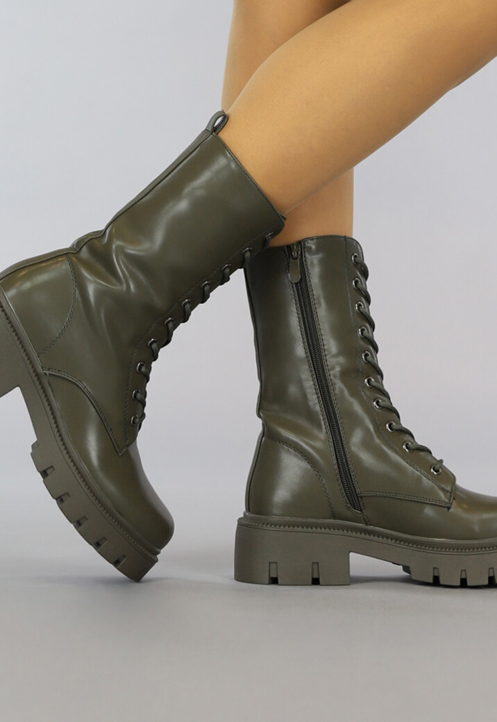 Groene Lederlook Veterboots met Rits