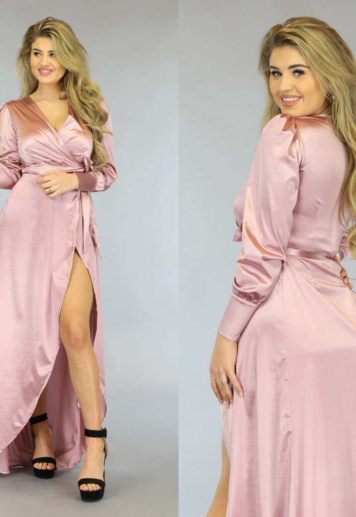 Oudroze Satin Wikkel Avondjurk