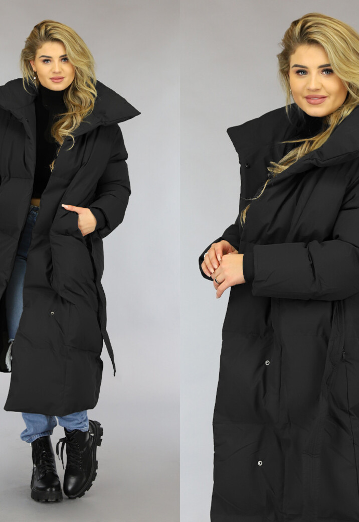 Luxe Zwarte Oversized Winterjas met Tailleband
