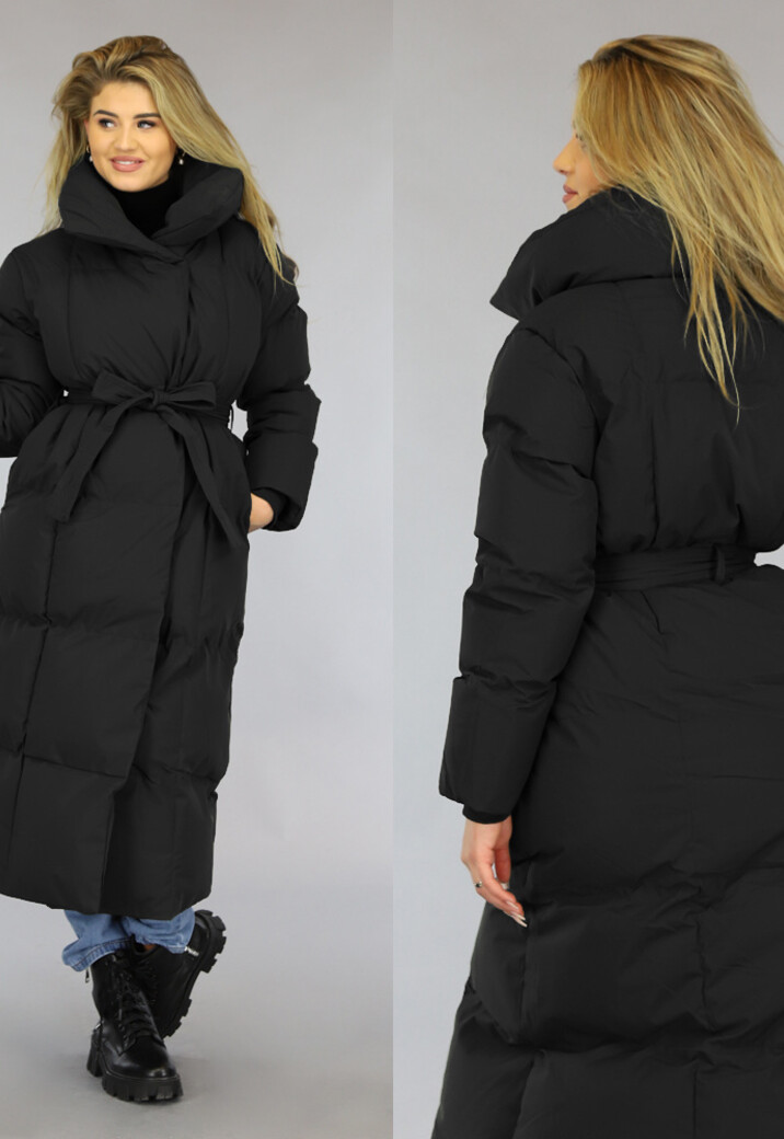 Luxe Zwarte Oversized Winterjas met Tailleband
