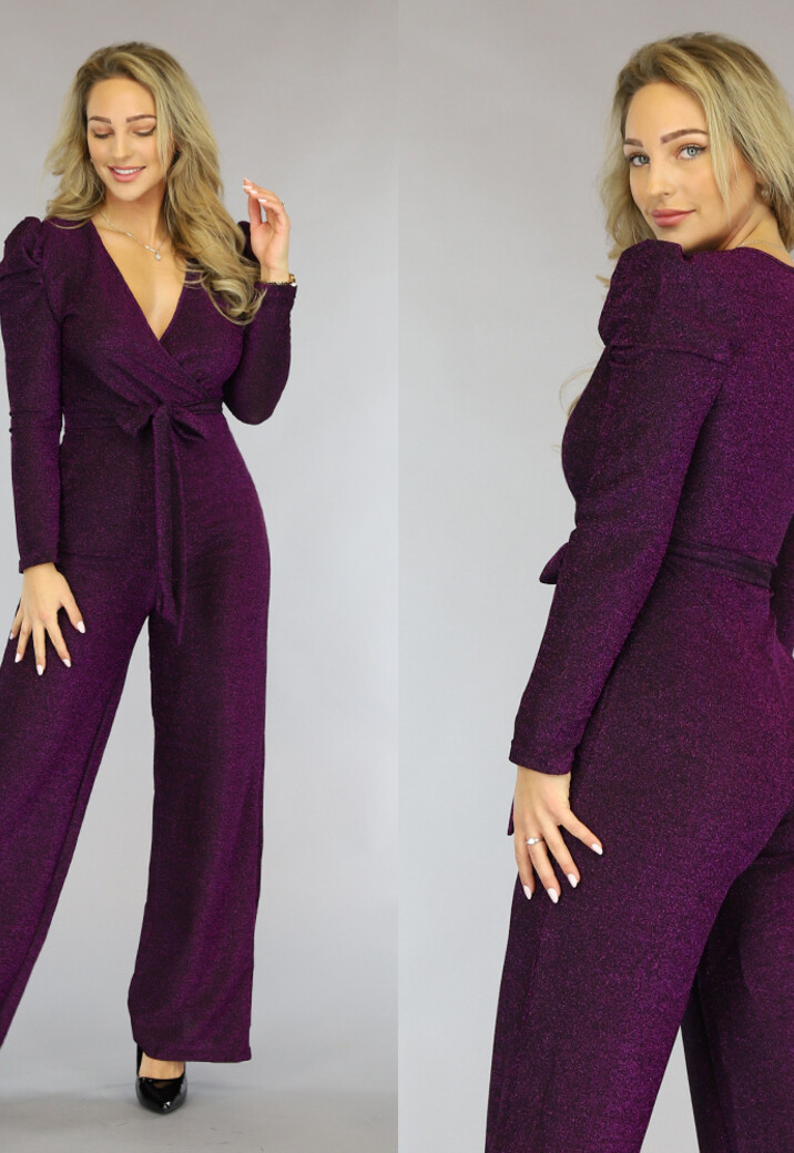 Paarse Glitter Puff Jumpsuit met Tailleband