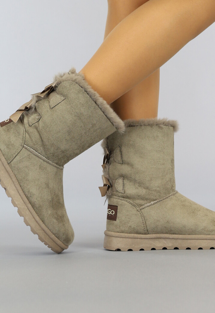 Taupe Suède-Look Snowboots met Strikjes