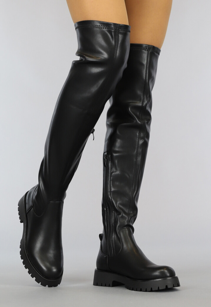 Zwarte Lederlook Overknee Laarzen met Grove Zool