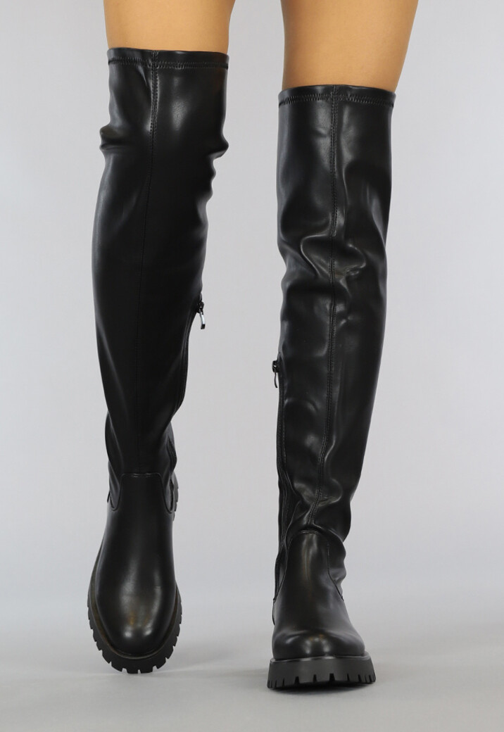 Zwarte Lederlook Overknee Laarzen met Grove Zool