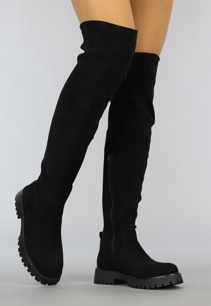 Zwarte Suède-Look Overknee Laarzen met Grove Zool