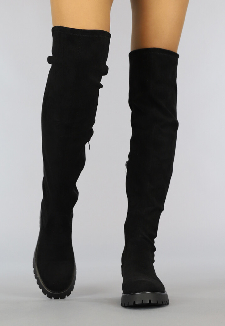 Zwarte Suède-Look Overknee Laarzen met Grove Zool