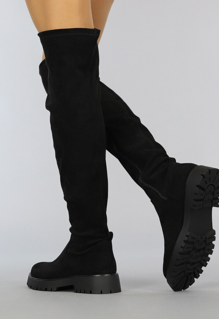 Zwarte Suède-Look Overknee Laarzen met Grove Zool