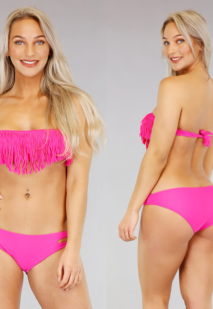 Fuchsia Bandeau Bikini met Franje - Broekje