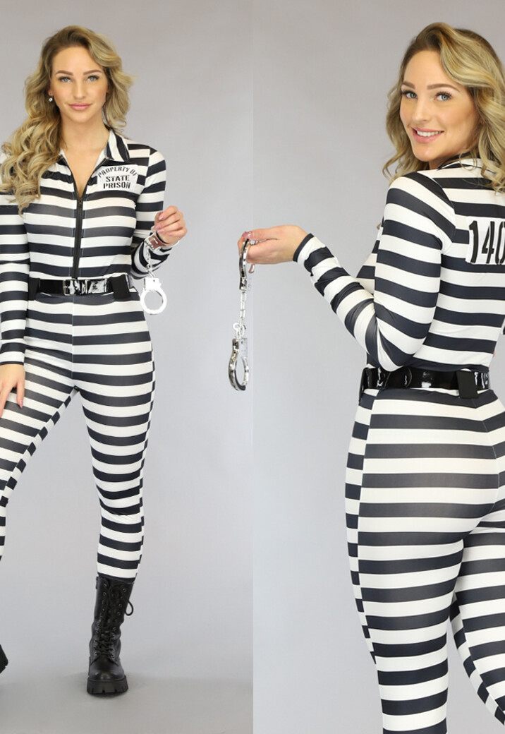 Boevenjumpsuit Kostuum Zwart Wit met Riem en Handboeien