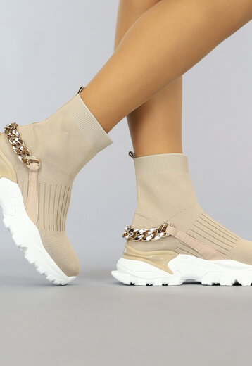 BF2023 Hoge Beige Sock Sneakers met Kettingdetail