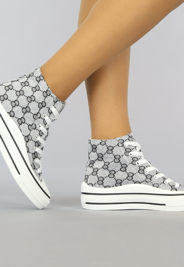 Grijze Hoge Canvas Sneakers met Print