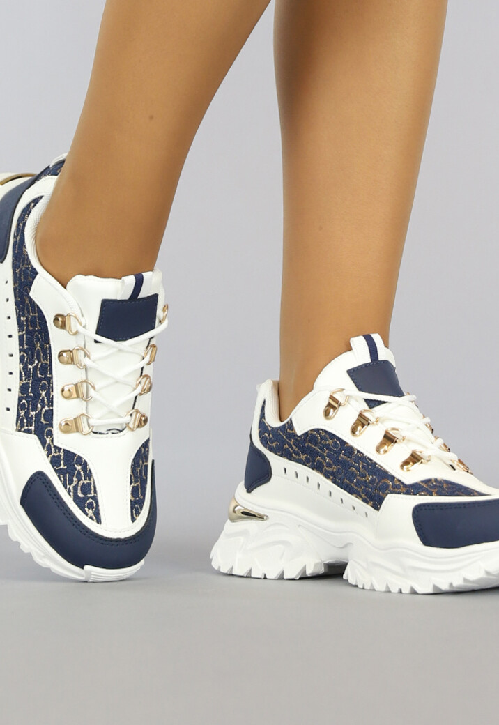 Blauwe Sneakers met Gouden Letter Opdruk