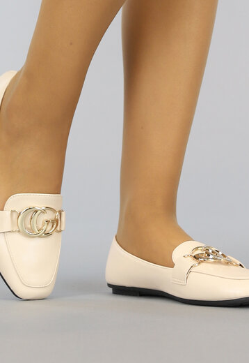 BF2023 Beige Lederlook Loafers met Gouden Embleem