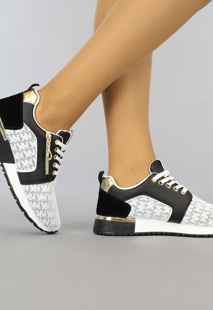 Zwarte Sneakers met Print en Gouden Details