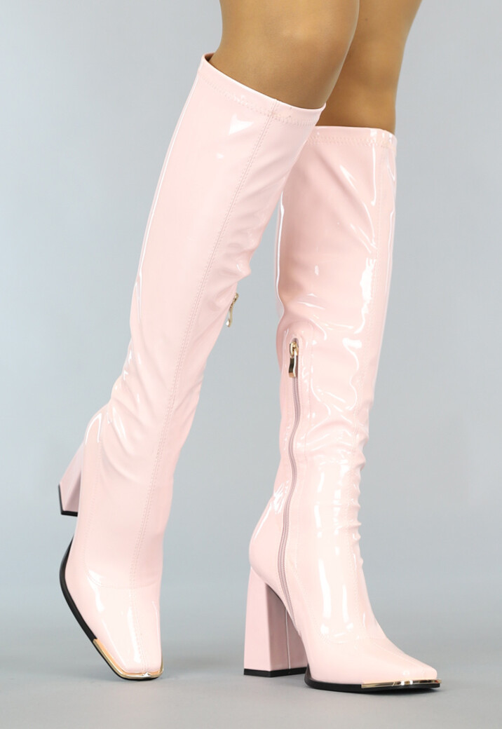 Lichtroze Lak Laarzen met Stevige Hak